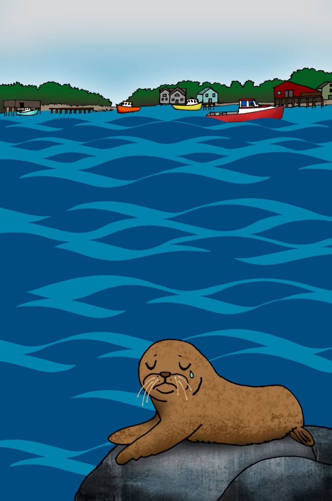 A picture of orphaned Hoover on the rocks with a tear in his eye.