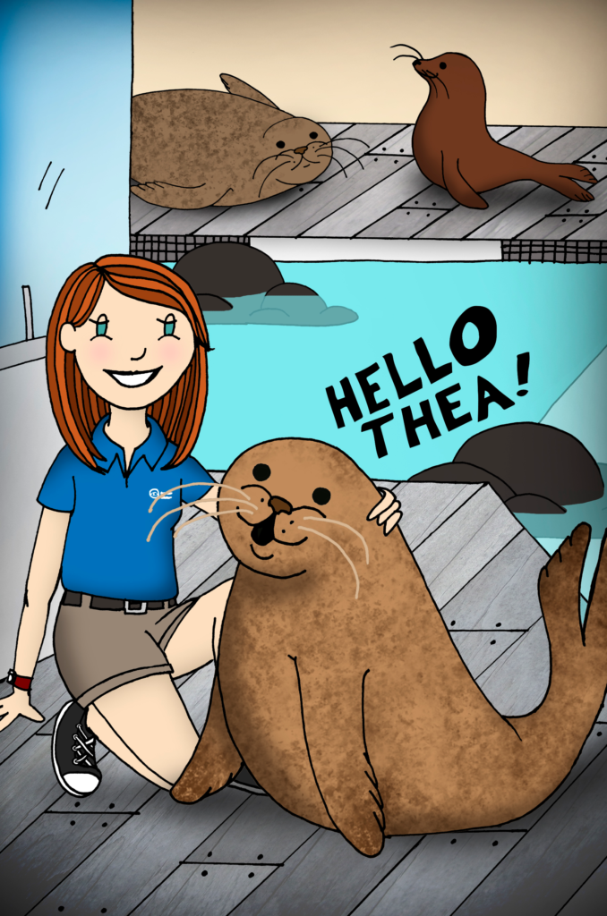 Picture of Hoover saying "Hello Thea" to a women trainer at the New England Aquarium.